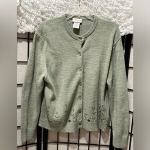 VINTAGE FADED GLORY, Green Cardigan with EMBROIDERED FLORALS, LADIES LARGE 12/14